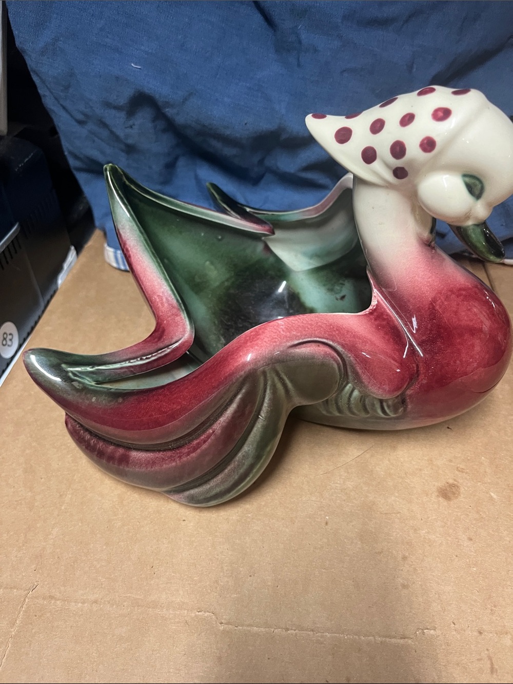 Vintage Ceramic Swan Planter in Pink and Green Hull